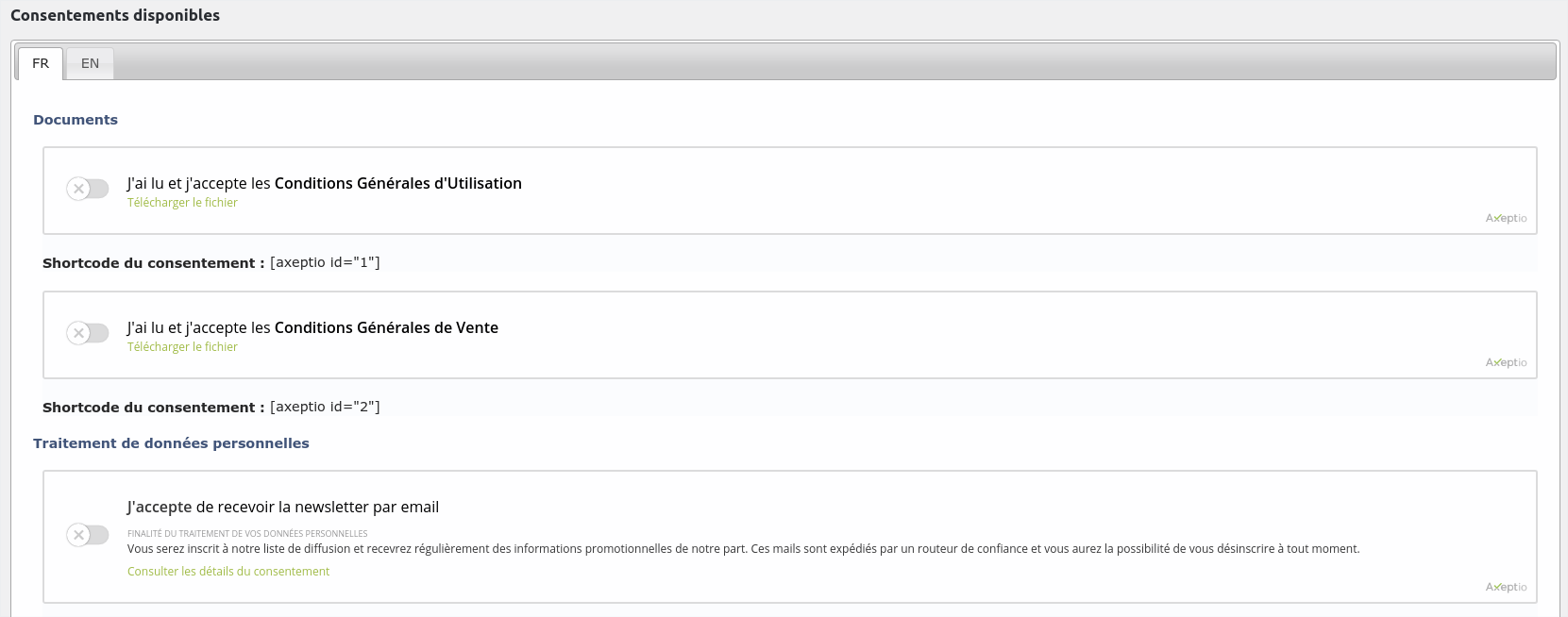 Consents list with shortcode