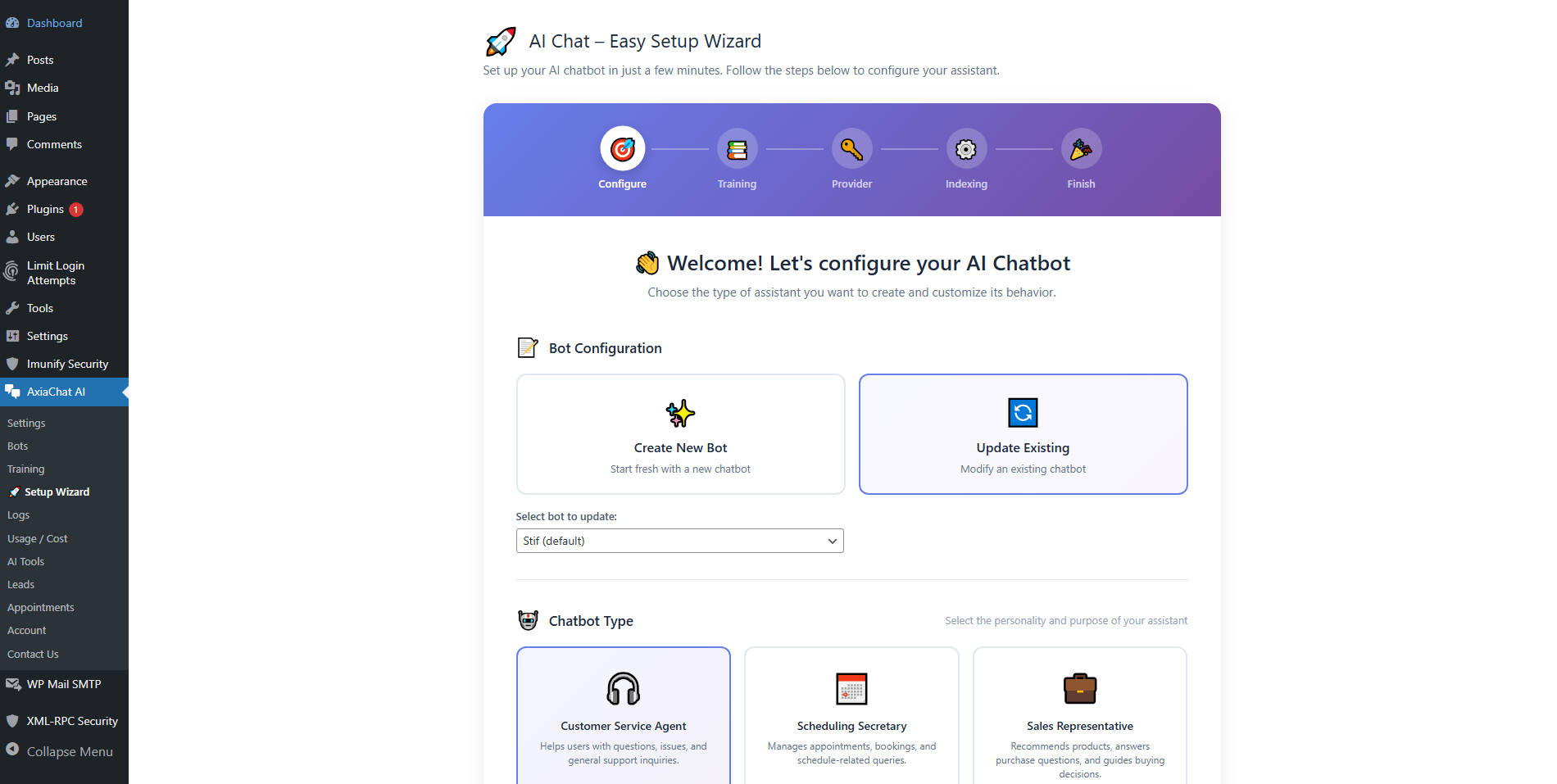 **Easy Setup Wizard** – Launch a fully working AI chatbot in under 2 minutes with a guided step-by-step flow