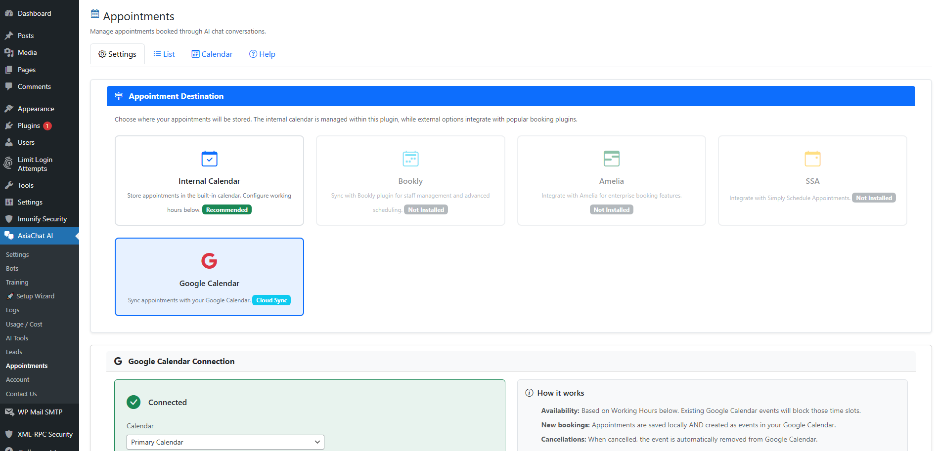**Appointment Management** – Review and manage AI-scheduled appointments directly from the WordPress admin panel