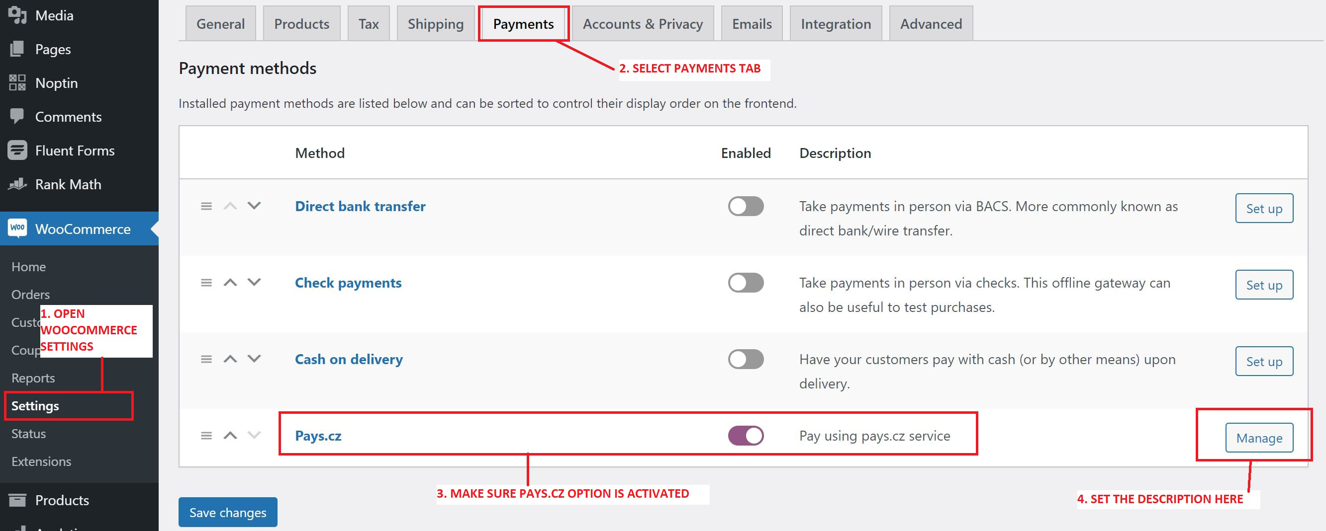 Pays payment method activation in WooCommerce