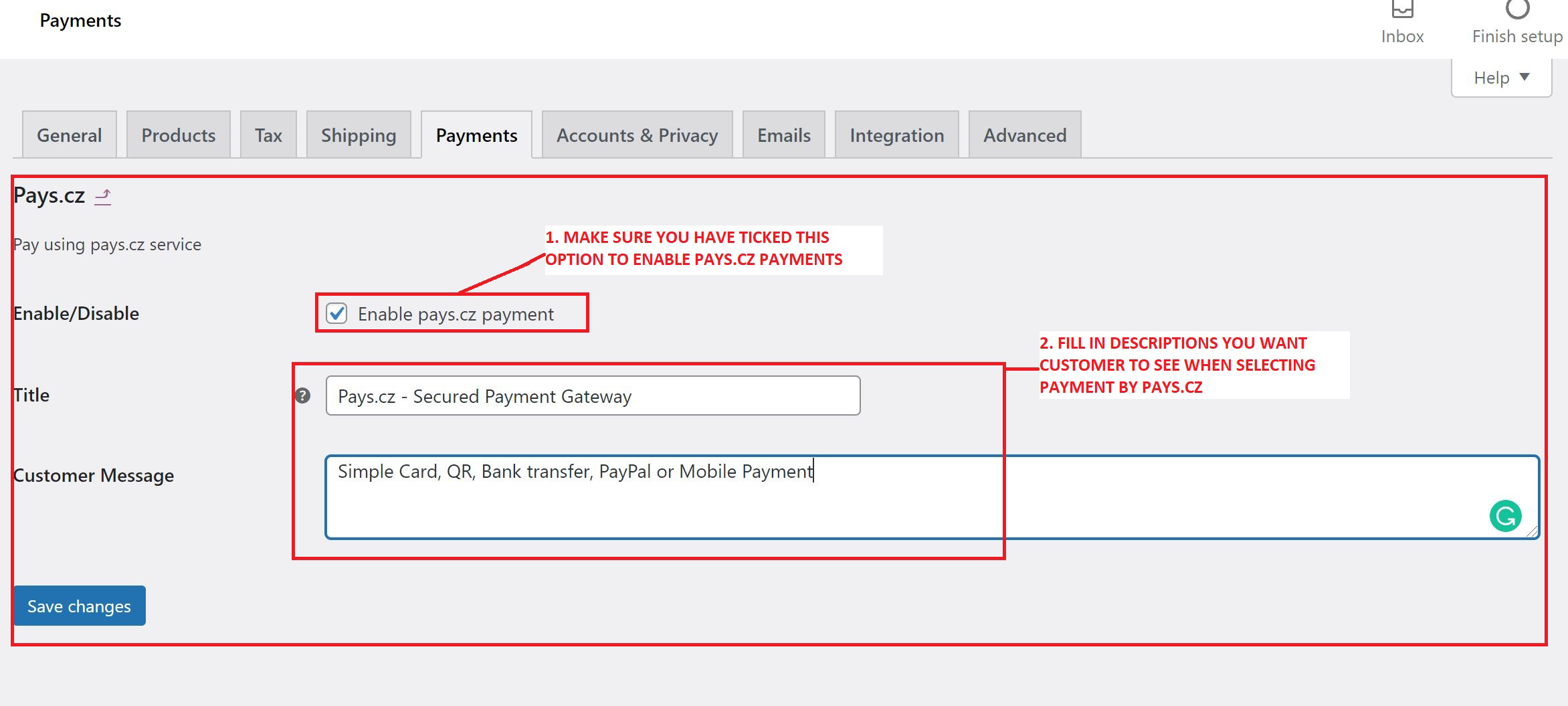 Change payment description screen