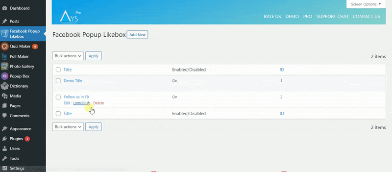 Facebook popup likebox - dashboard preview in action