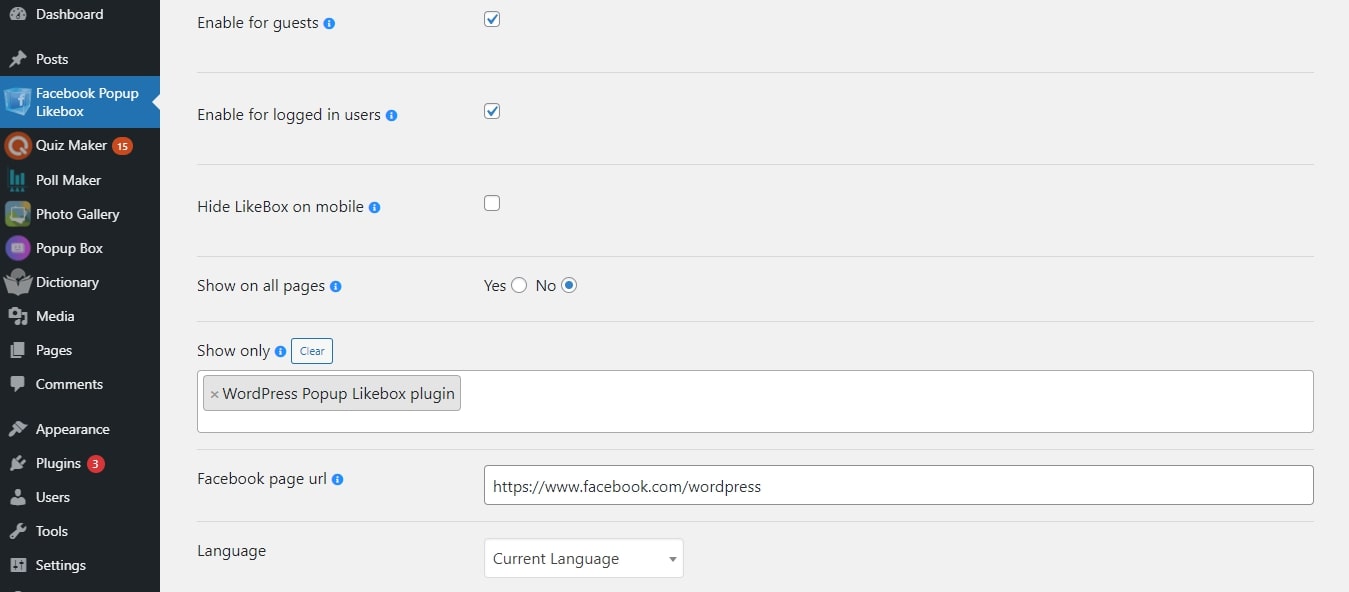 Facebook popup likebox - dashboard settings