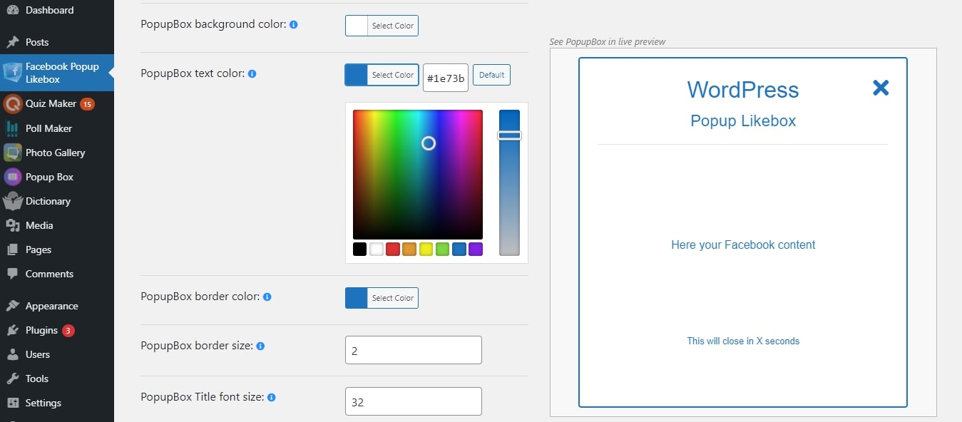 Facebook popup likebox - dashboard settings