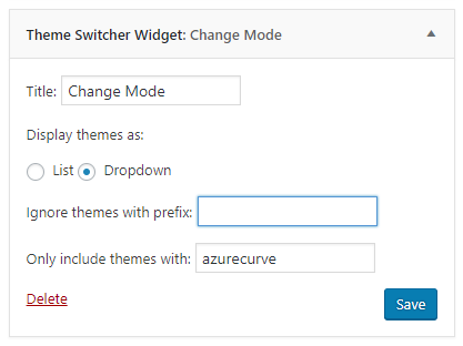 The Theme Switcher widget allows you to set the title of the widget and to choose the "list" or "dropdown" option.