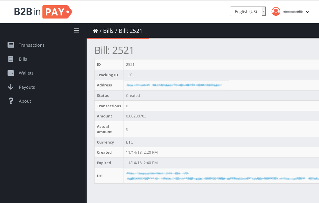 A new bill in B2BinPay admin page.