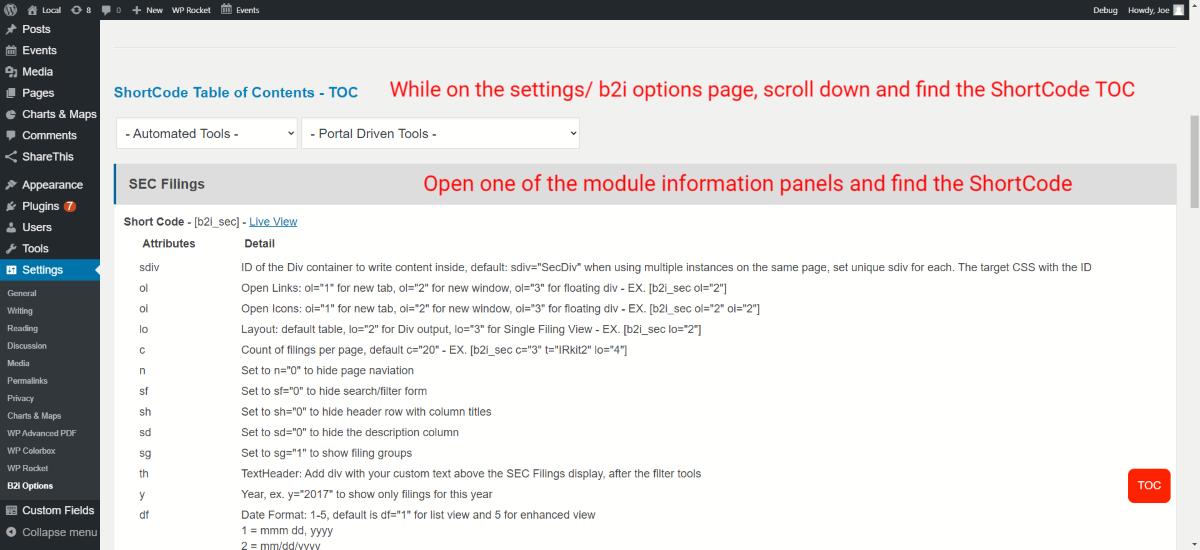 While on the Settings / B2i Options page, Scroll down and expand one of the modules and copy the ShortCode