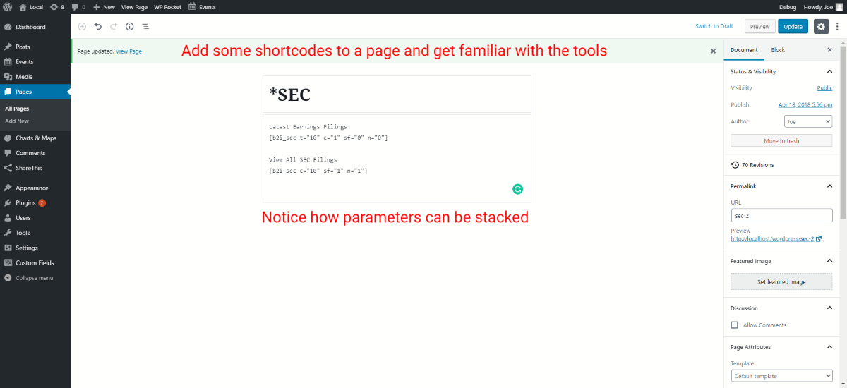 Paste the ShortCode onto one of your WordPress pages and Update the page to Save.