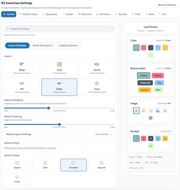 Admin settings screen for global swatch options.