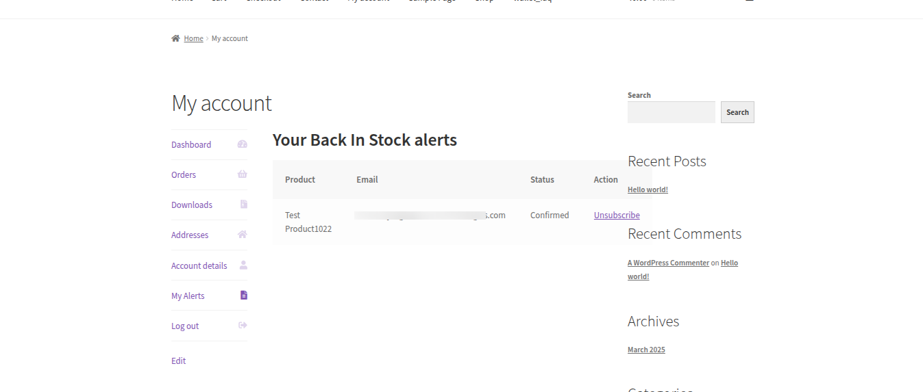 "Back In Stock Alerts" section on the My Account page.