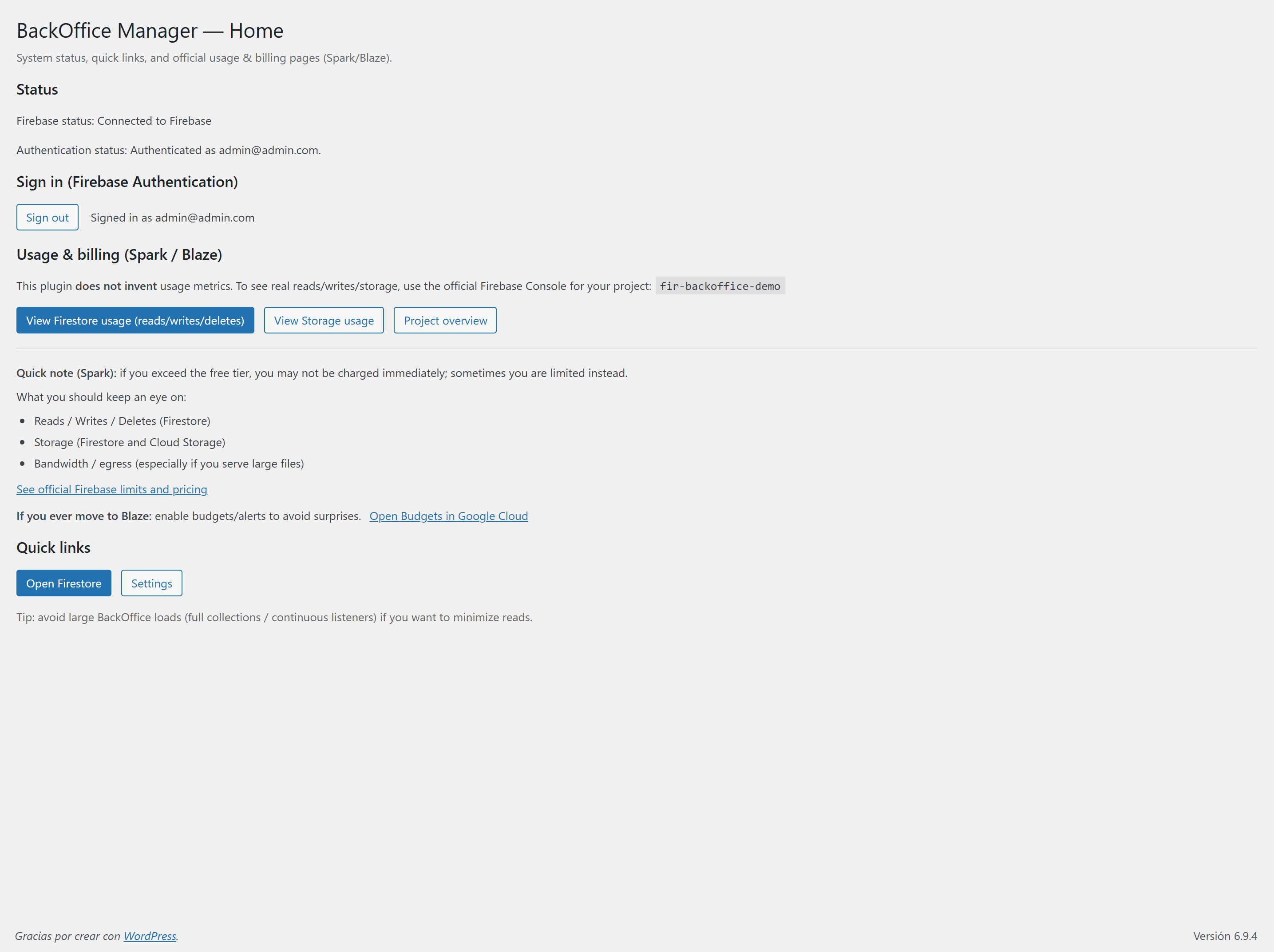 Firebase status and configuration screen.