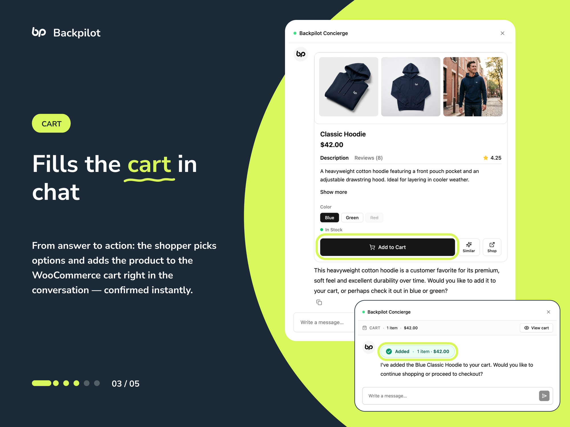 It fills the cart in chat — options picked, product added to the WooCommerce cart, confirmed instantly.