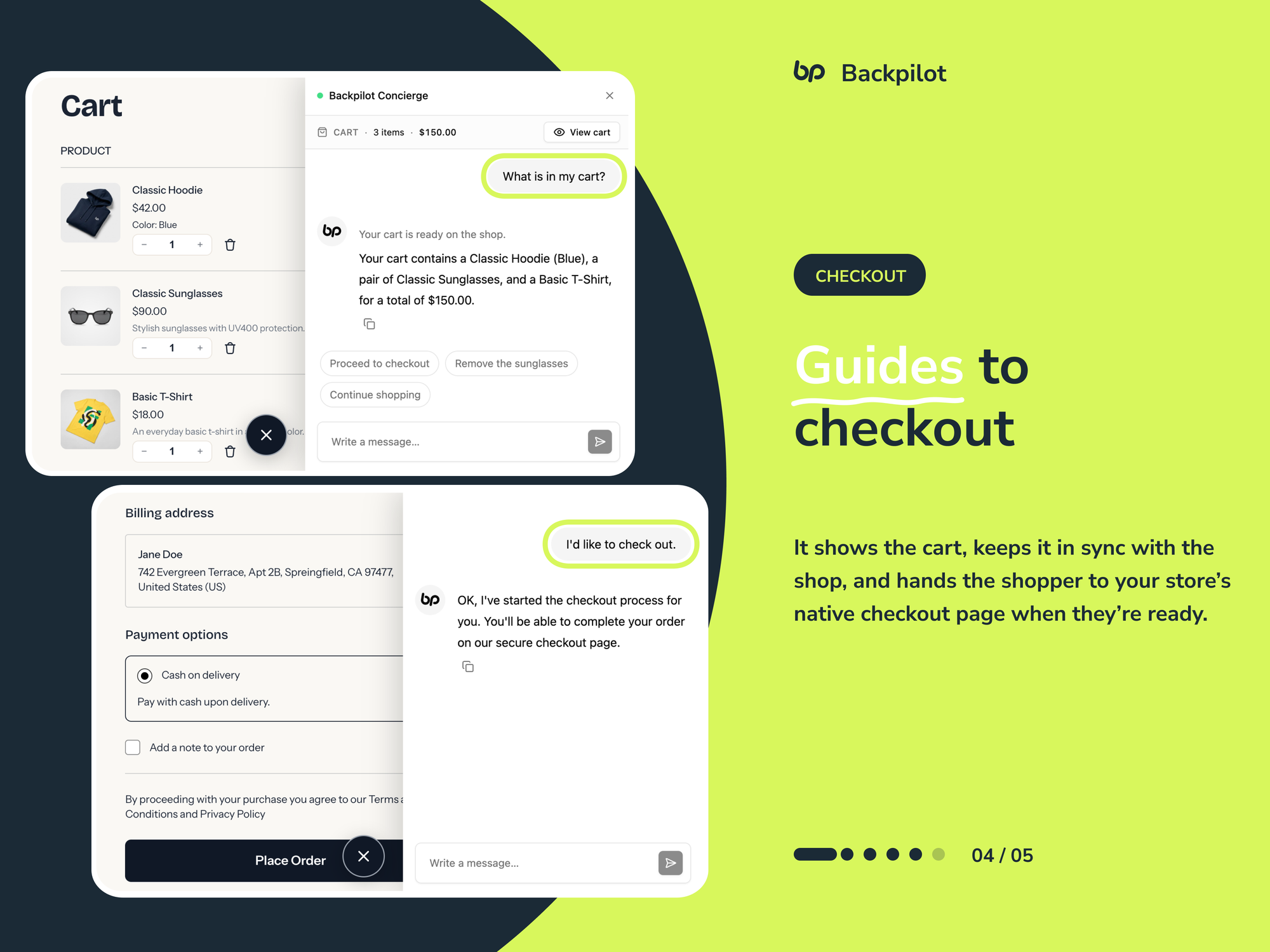 It guides to checkout — shows the cart, keeps it in sync, and hands the shopper to your store's native checkout.