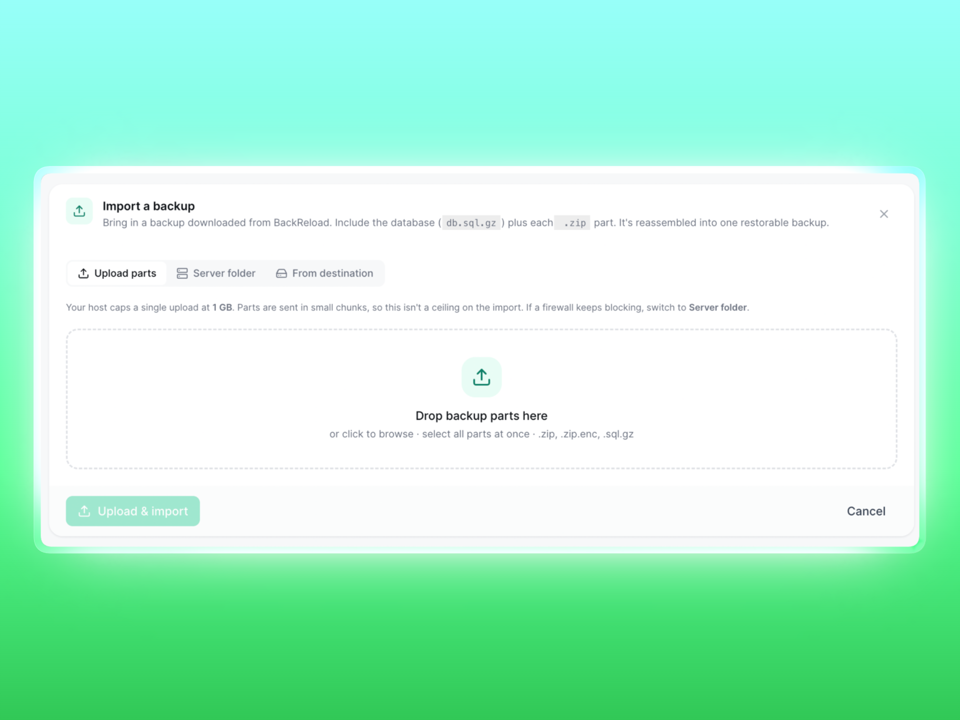 Site-to-site migration — the source site pastes the key and streams the backup directly to the destination.