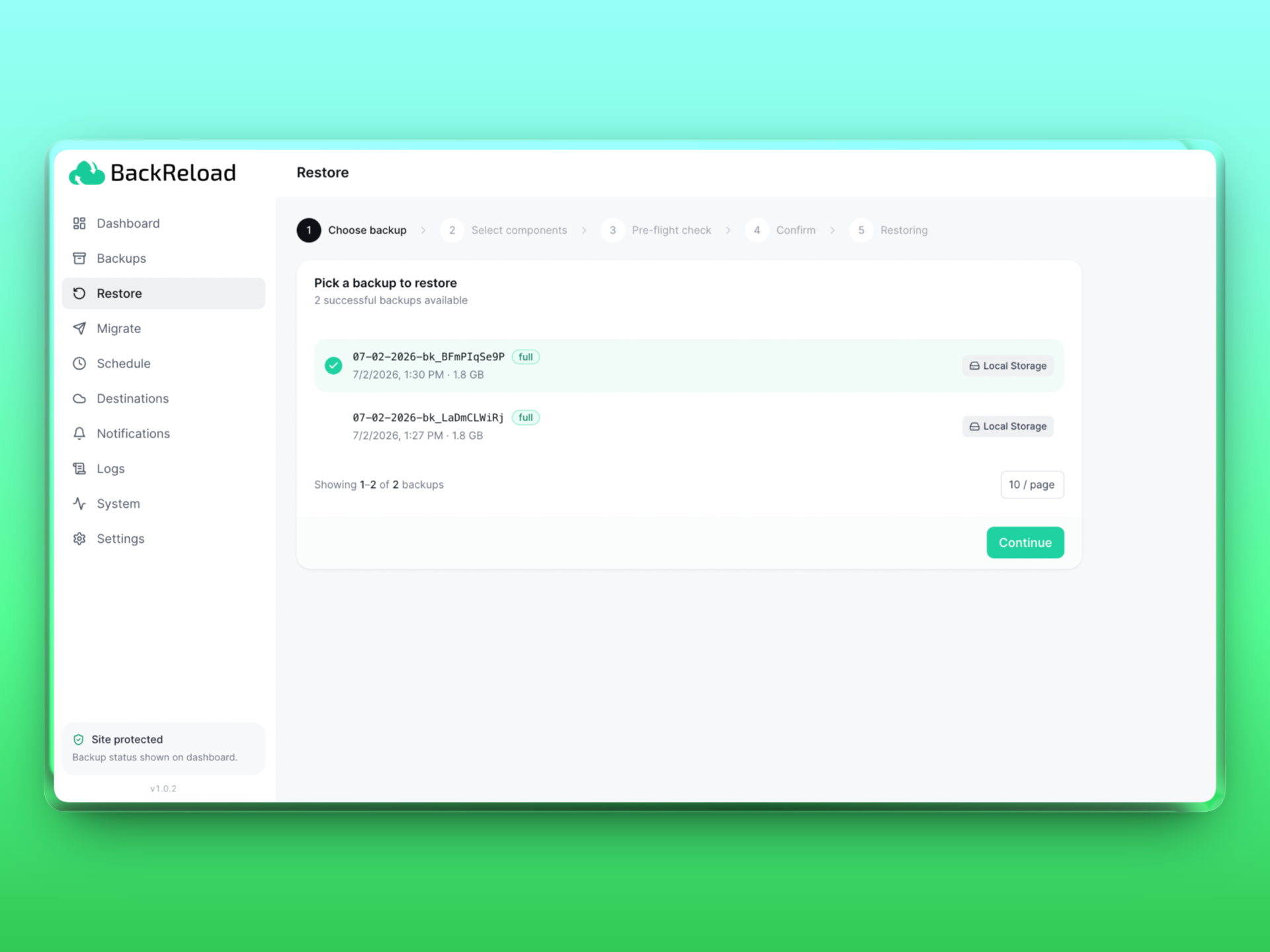 Schedule — combine independent hourly/daily/weekly/monthly schedules, each with its own backup type, retention, and destinations.