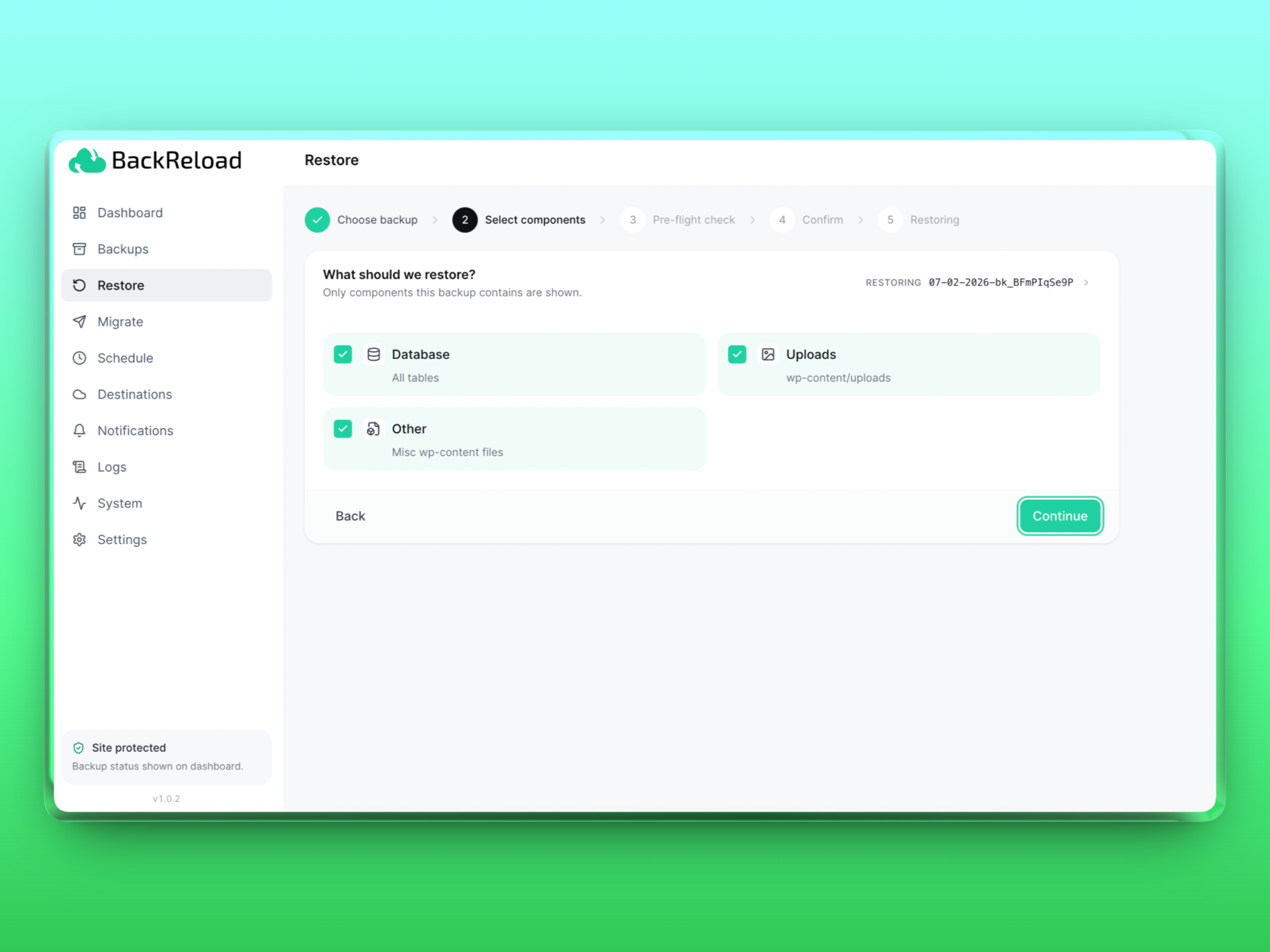 Storage destinations — Local, FTP, SFTP, Google Drive, OneDrive, AWS S3, Wasabi, and S3-compatible providers.