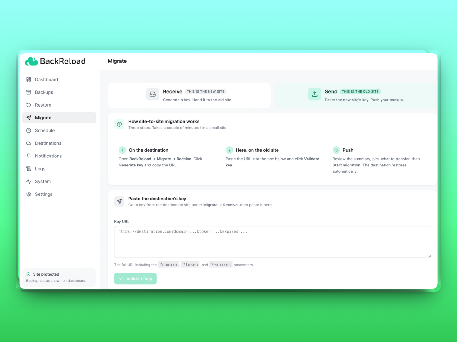 System health check — PHP, WordPress, and the extensions the plugin needs (ZipArchive, OpenSSL, cURL).