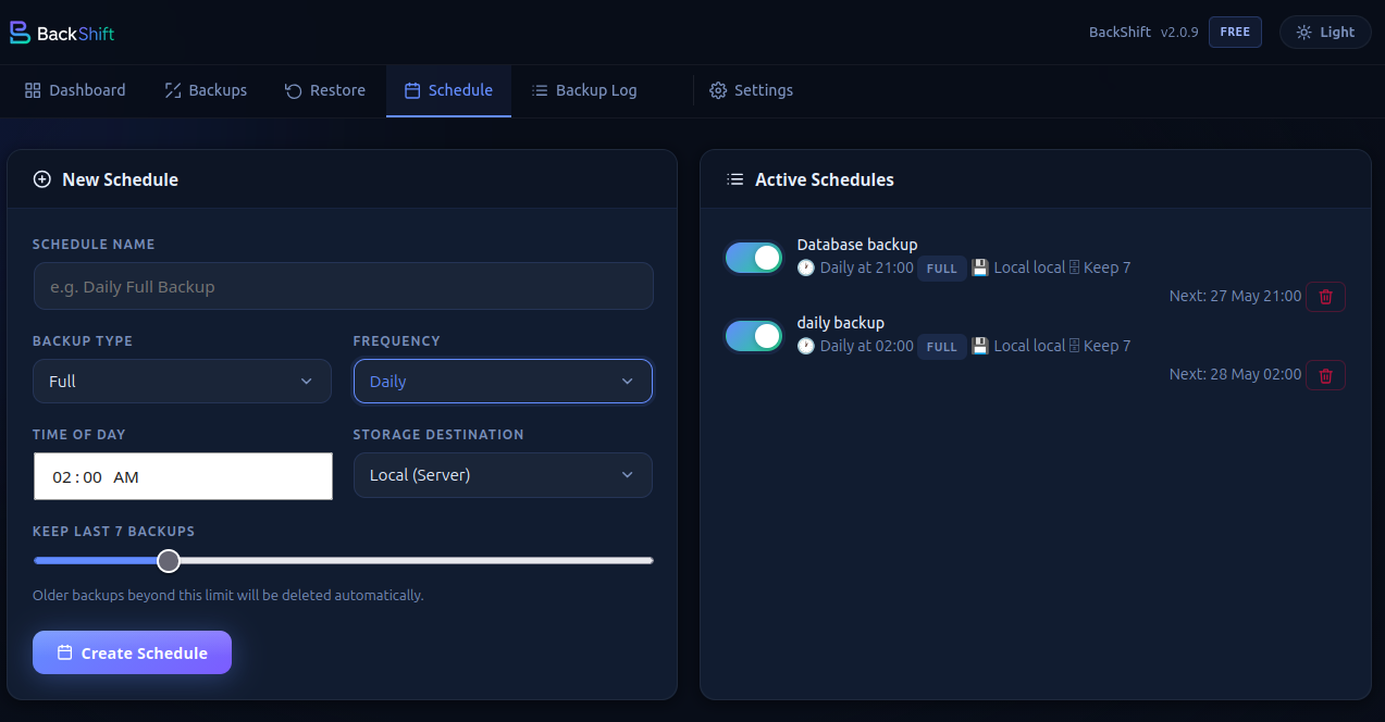 Schedule — Configure automatic daily, weekly, or monthly backups.