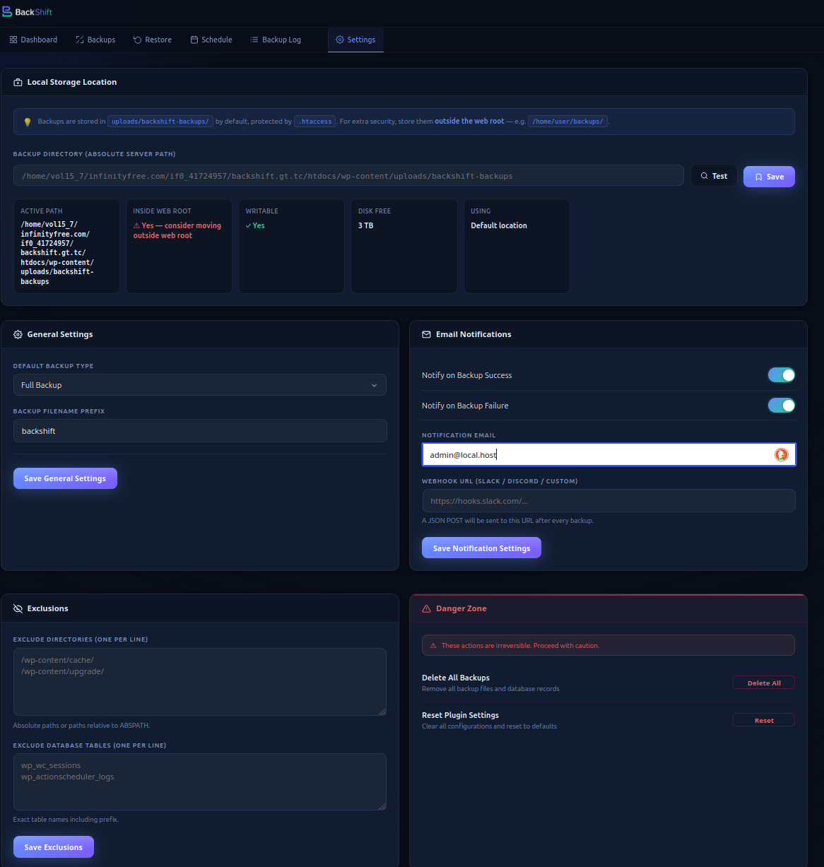 Settings — Configuration for paths, scheduling, notifications, and exclusions.