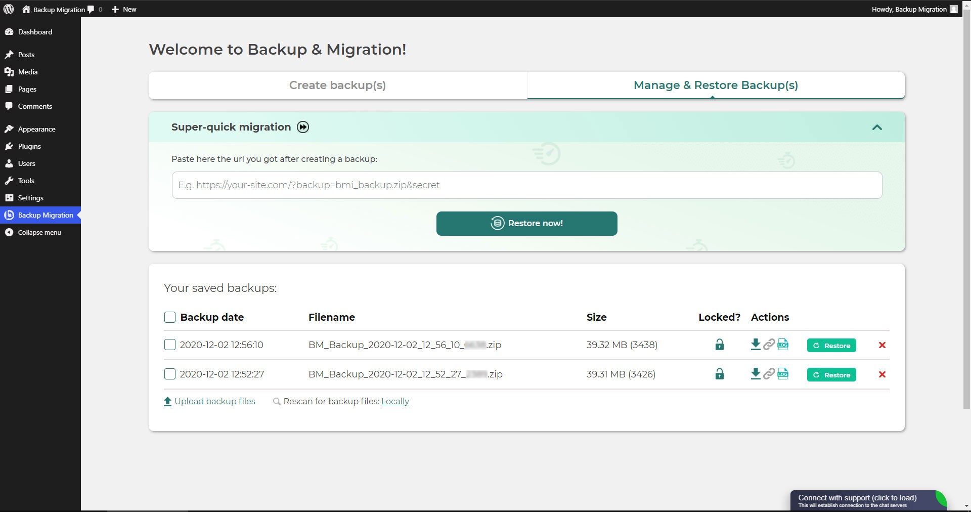 Manage & Restore backups