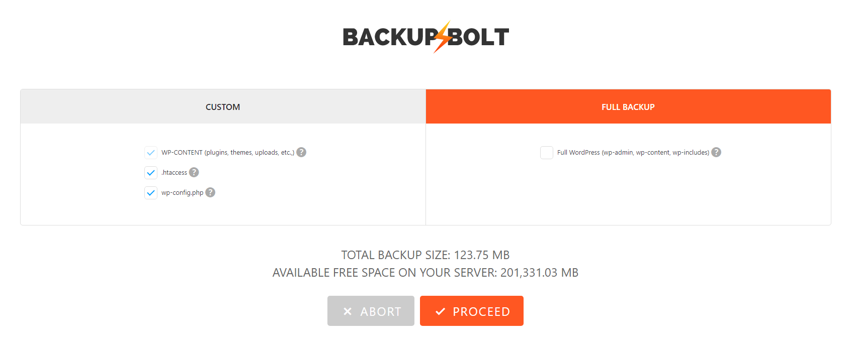 Backup size and free memory size calculation before initiating backup process
