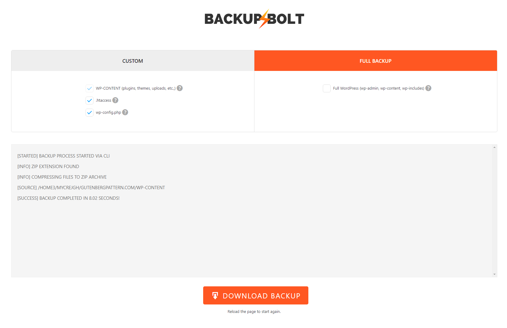 Download the backup instantly in zip format