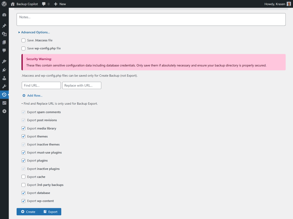 Create snapshot options