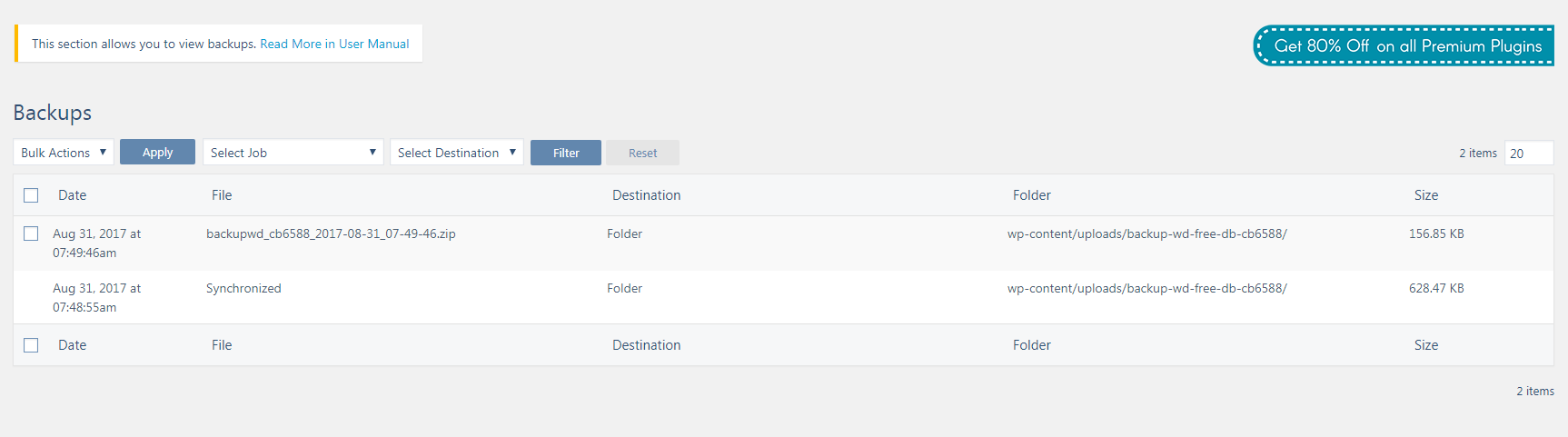 Backup by 10Web - Backups list