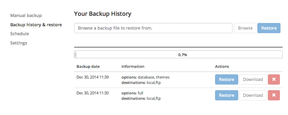 WordPress Backup "Backup history & restore" page