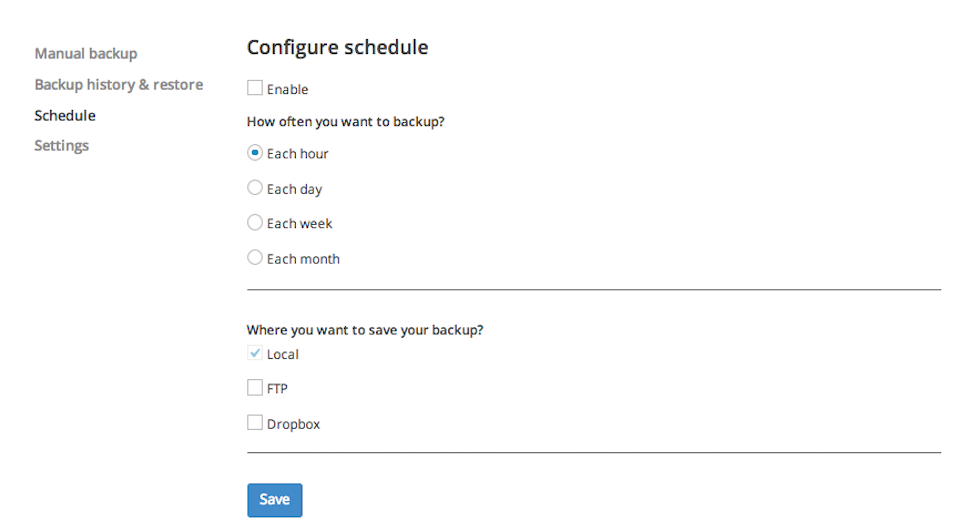 WordPress Backup "Schedule" page