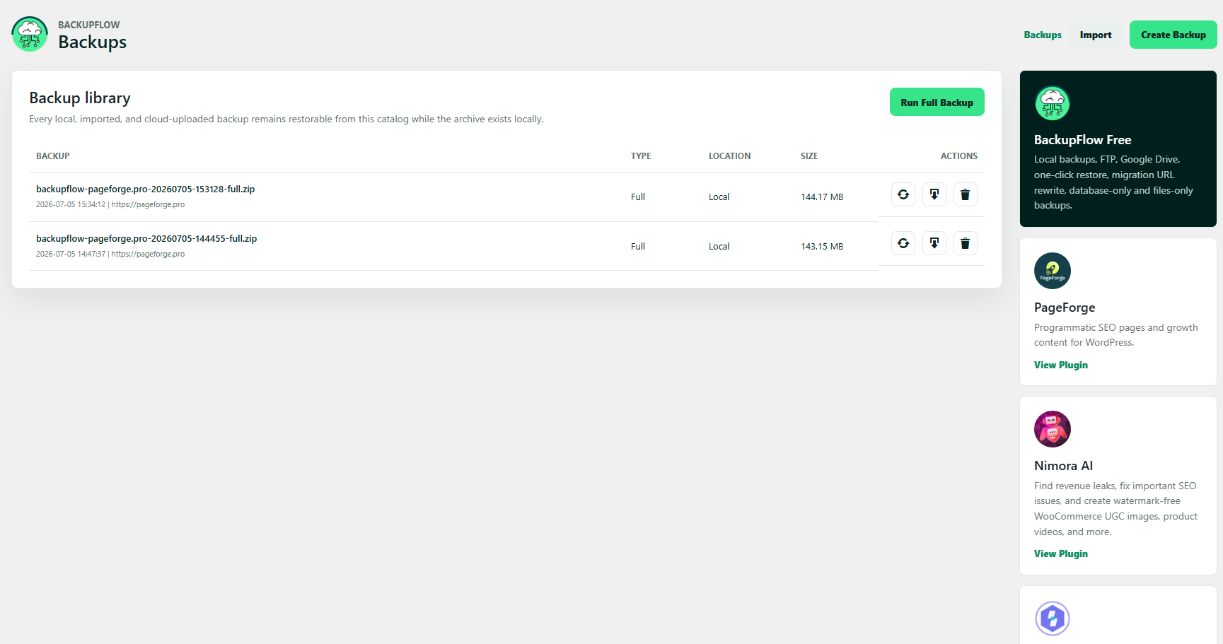 Backup library with restore, download, and delete actions.