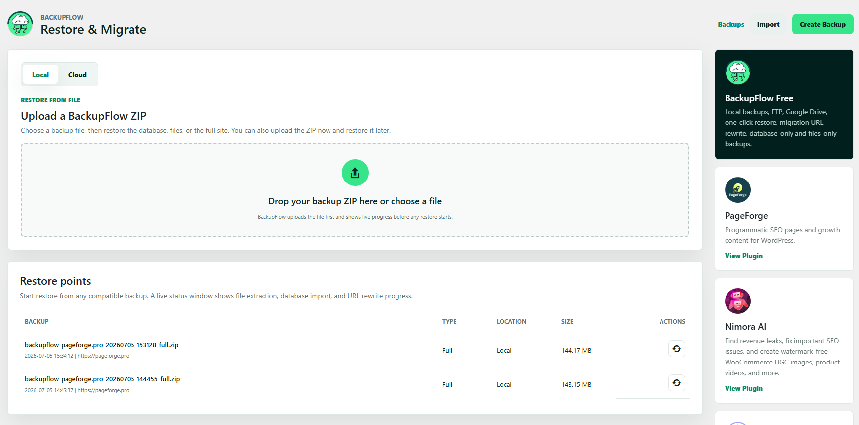 Restore and migration import screen for compatible BackupFlow ZIP files.