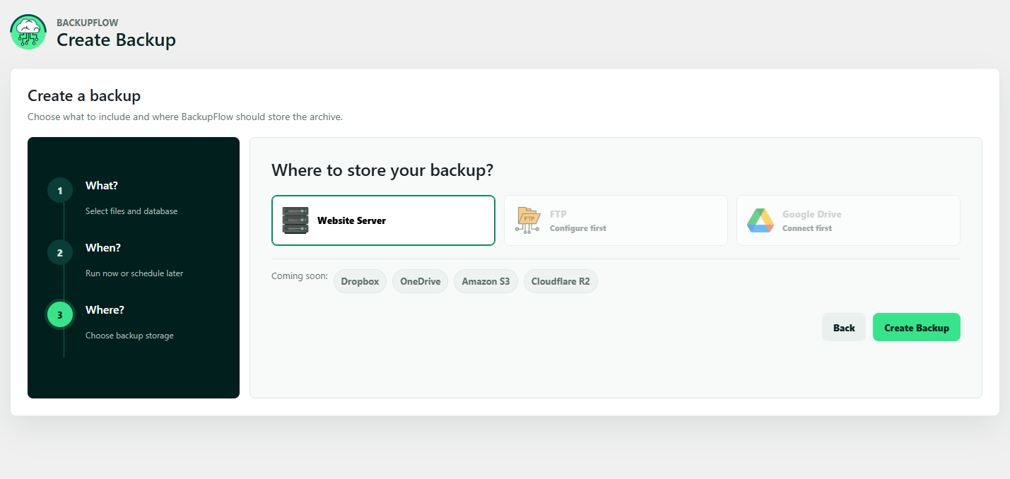 Backup destination step for choosing Website Server, FTP, or Google Drive storage.