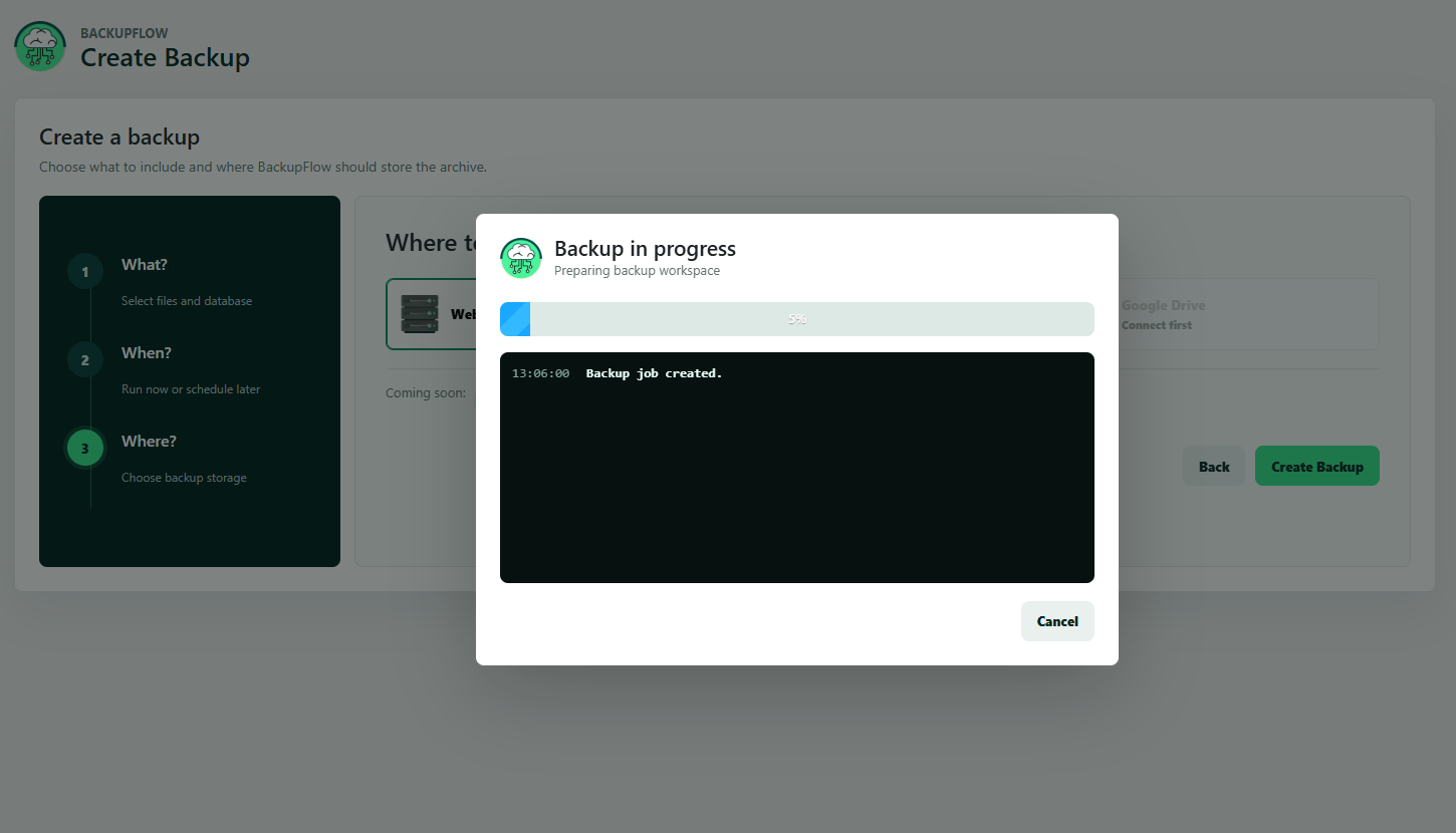 Backup progress modal with live backup status and detailed job logs.