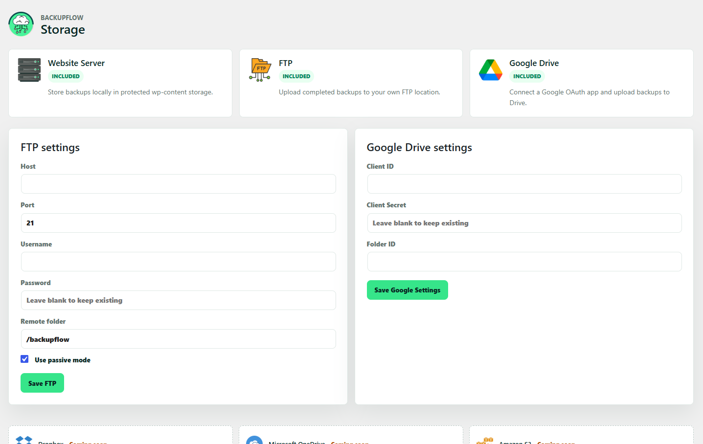 Storage settings screen for local server, FTP, and Google Drive configuration.