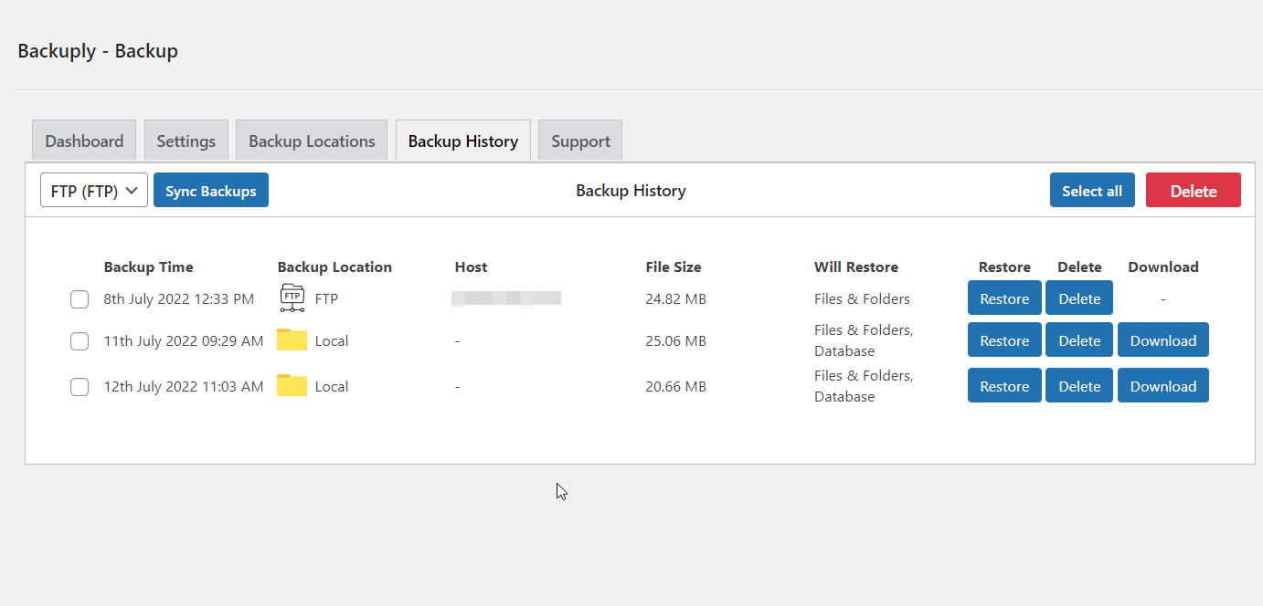 **Backup History** manage all your backups.