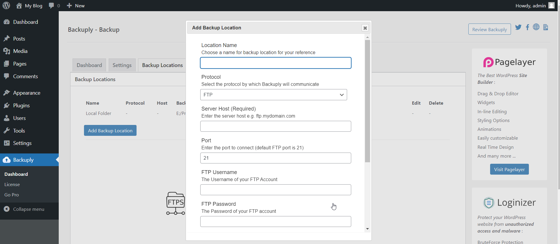 **Add Backup Location** with a fairly simple form to add a backup location.