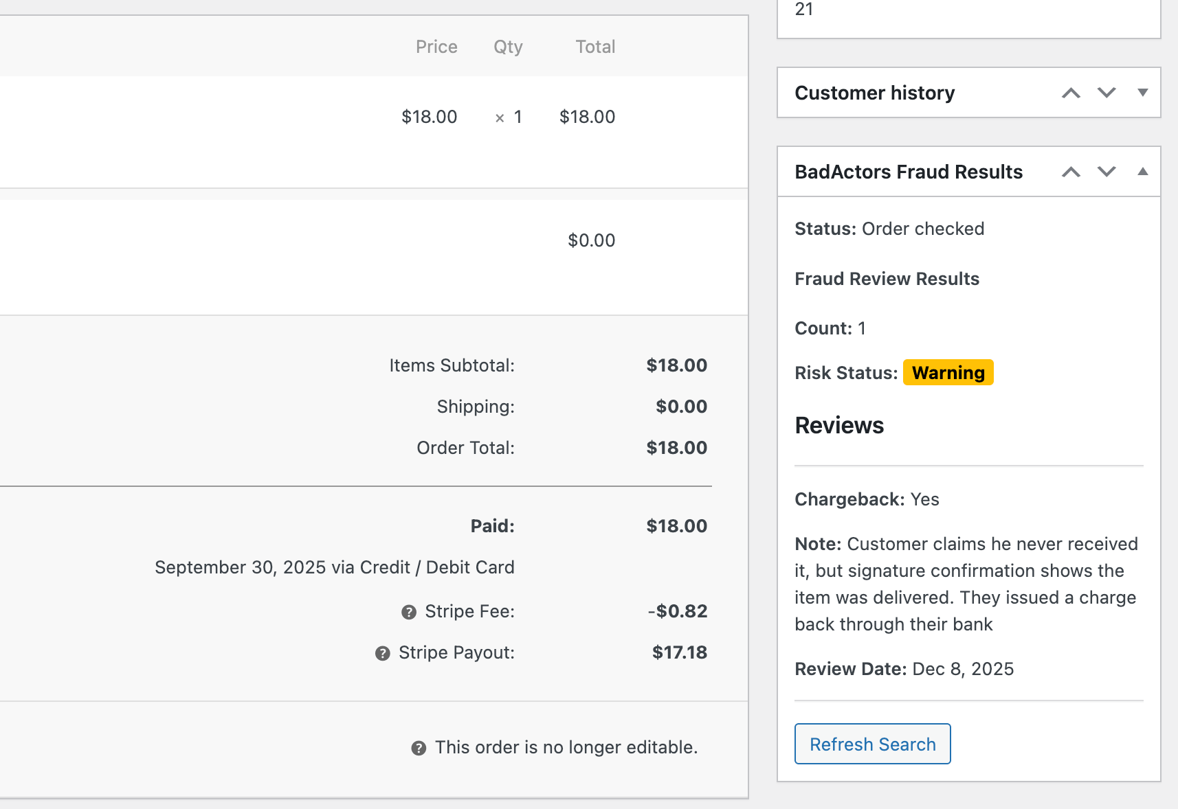 Fraud review results widget on order admin page