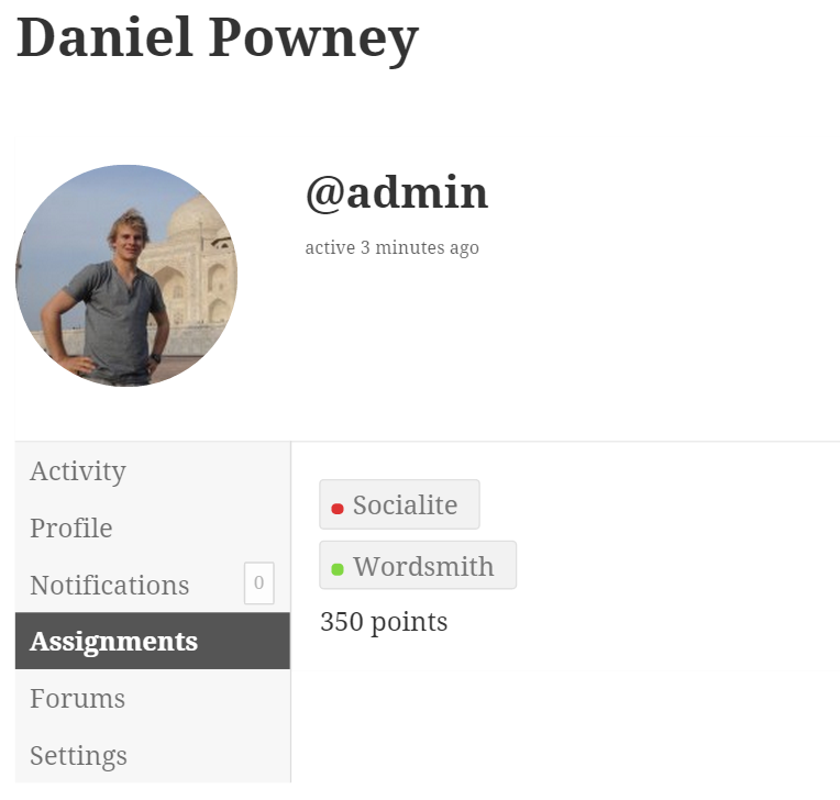 BuddyPress member tab showing badges and points assigned to member. You can change the settings to show assignments in the member header instead.