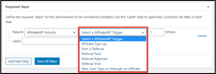BadgeOS AffiliateWP Integration Add-on all triggers.