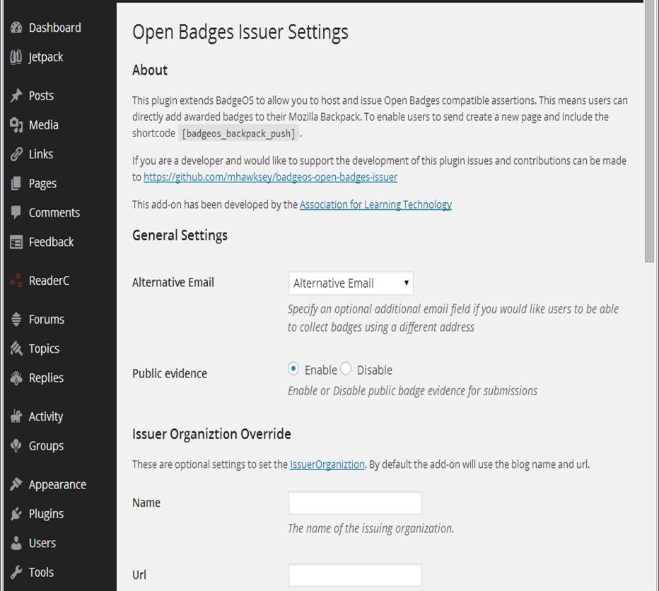 Settings screen. Options include specifying a different user data field for the Open Badges recipient and setting IssuerOrganisation