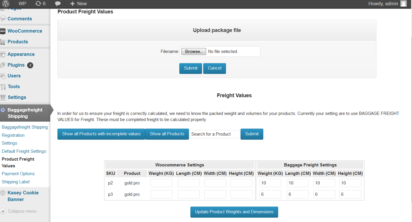 Product Freight Values