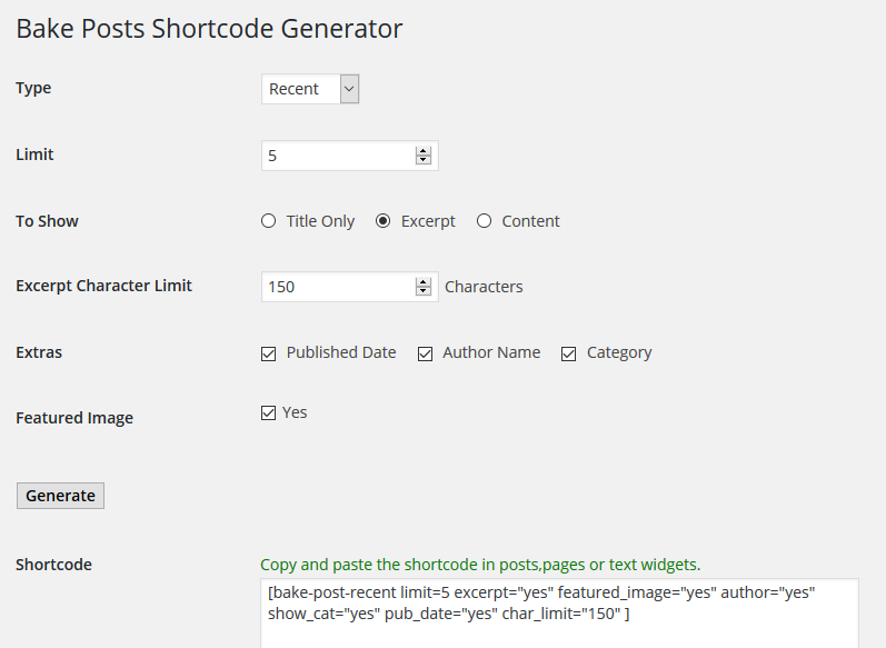 Screenshot of shortcode generator page.
