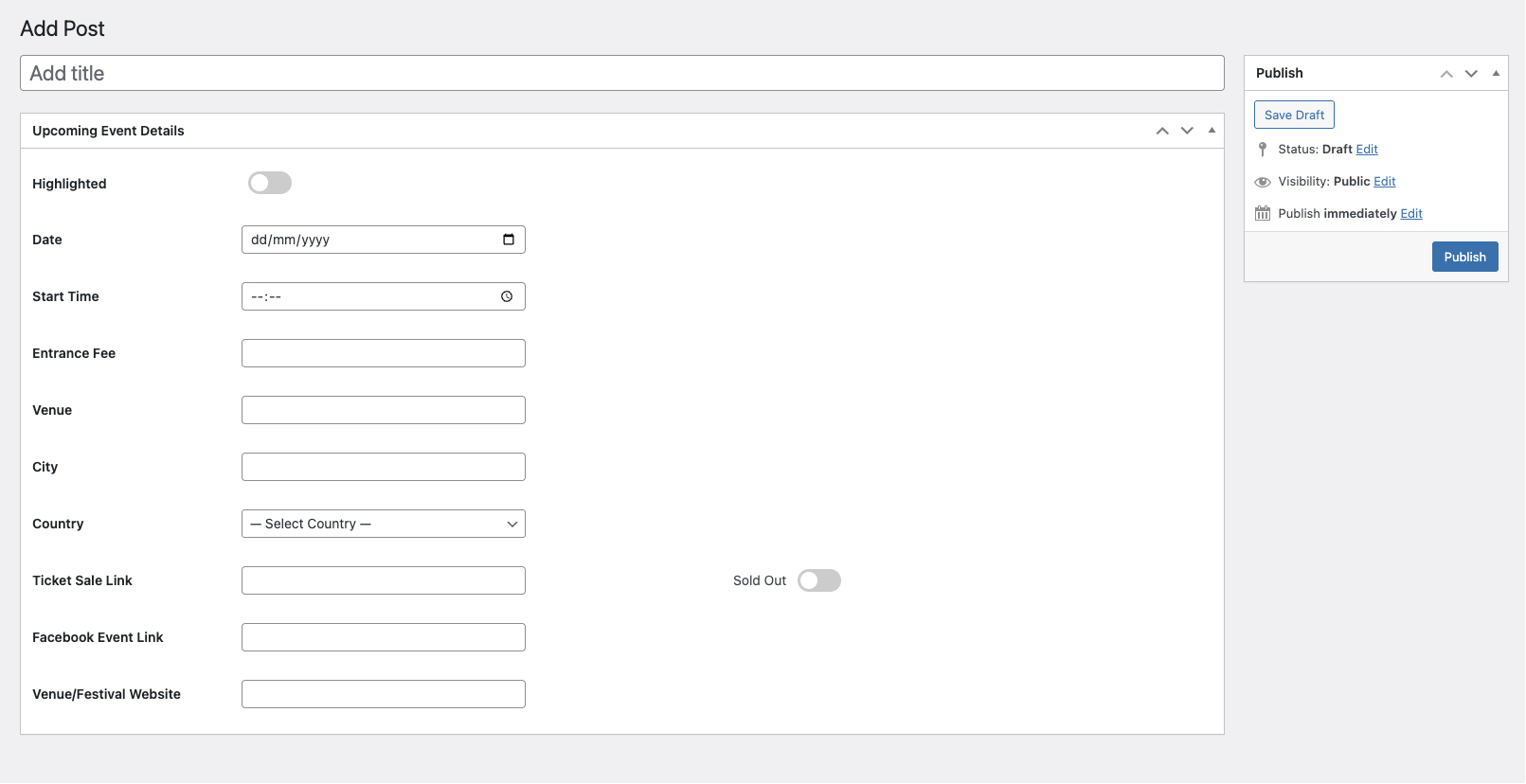 The admin screen to add an event (with premium options)