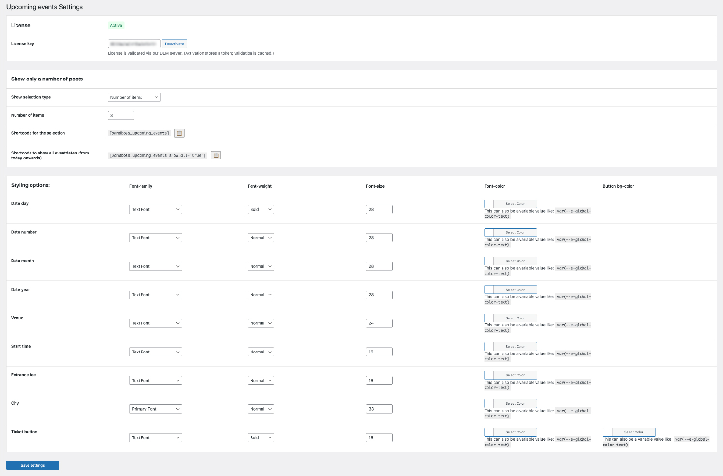 The advanced admin screen for styling options (with premium options)