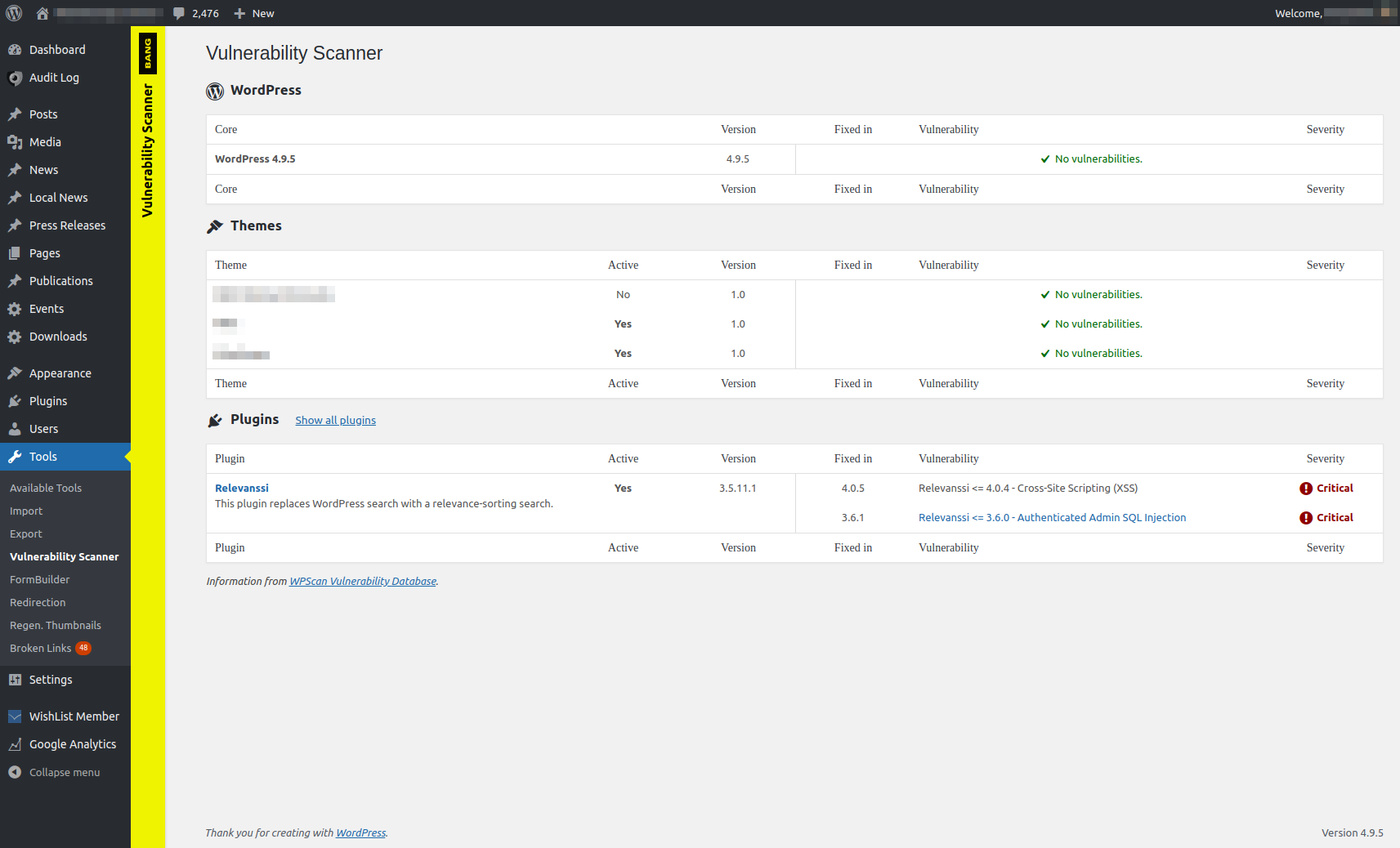 The vulnerability scanner shows known vulnerabilities in WordPress, themes and plugins.