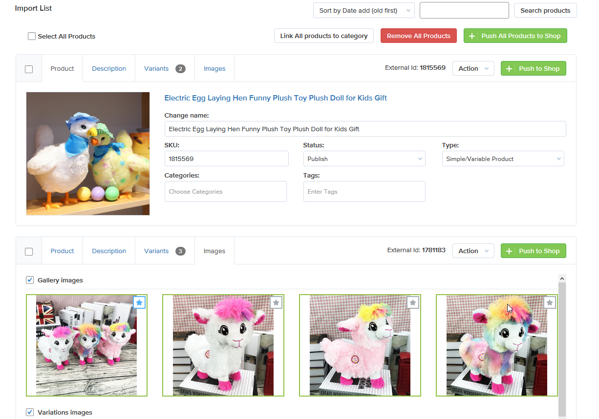 The Import List page, here you can adjust the products before pushing them into WooCommerce store.