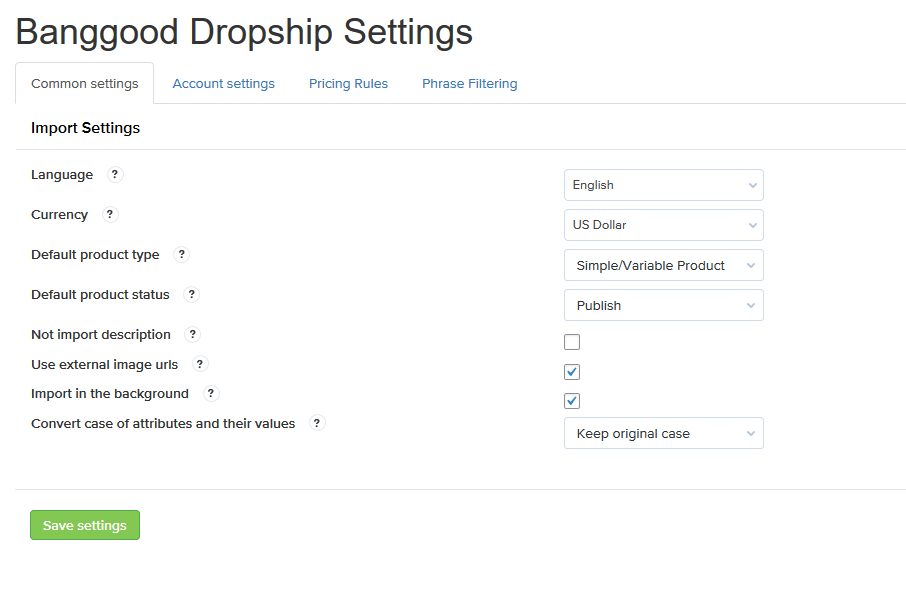 The Bng2Woo Lite Setting page.