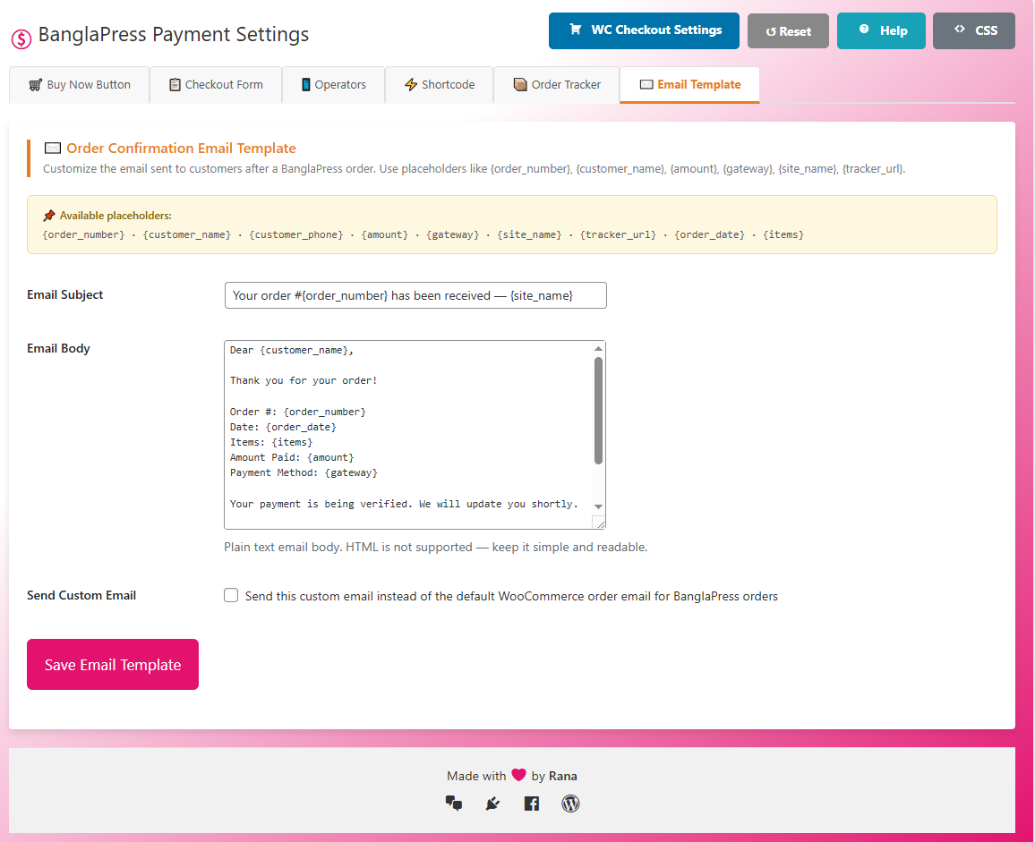 Custom order confirmation email template