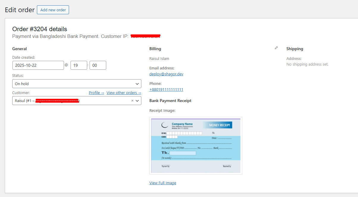 View uploaded payment receipt in order details.